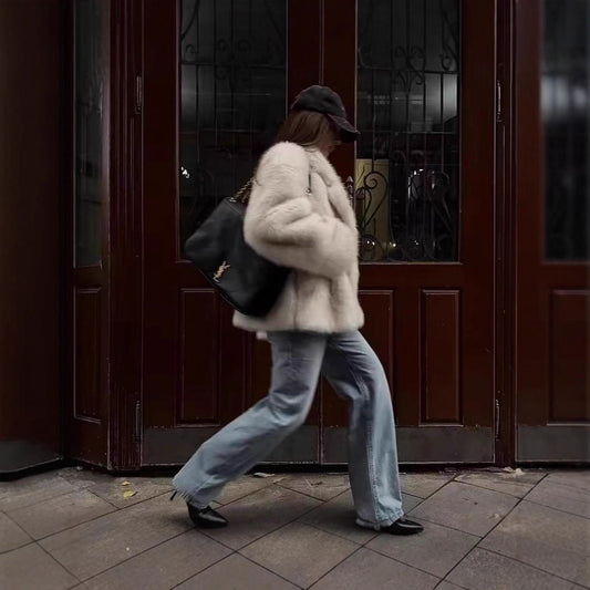 Manteau Mi-Long Femme en Fausse Fourrure – Col Blazer Élégant & Style Chic Hiver