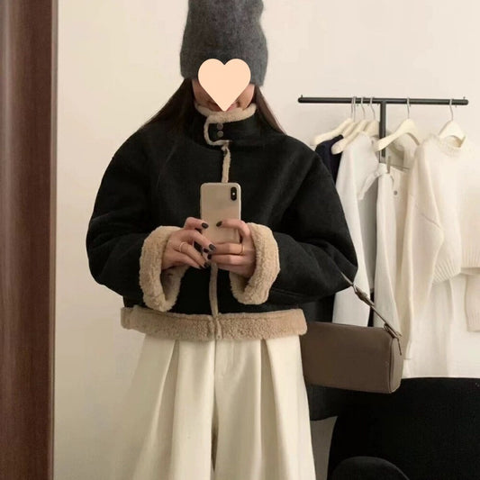 Manteau Court Femme Col Montant Rétro – Veste Hiver en Fausse Fourrure Effet Laine